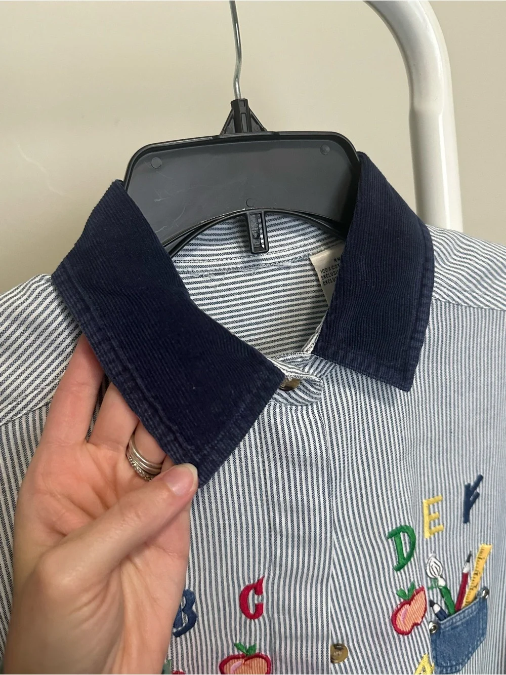 Vintage Blue and White Striped Button Down with Teacher School Themed Embroidery - Picture 3 of 9